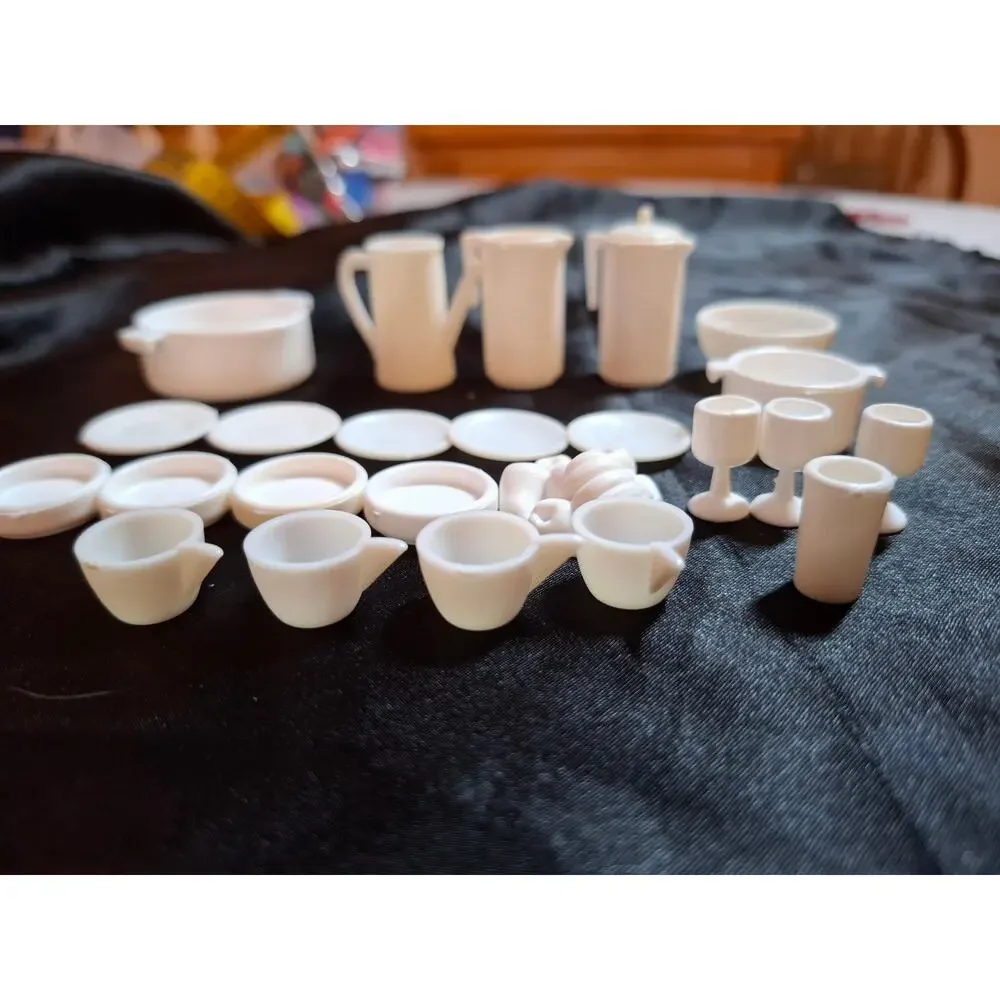 Vtg 25 Pc Lot Barbie Size White Kitchenware Pitcher Plates Cups Bowl Pot Goblet